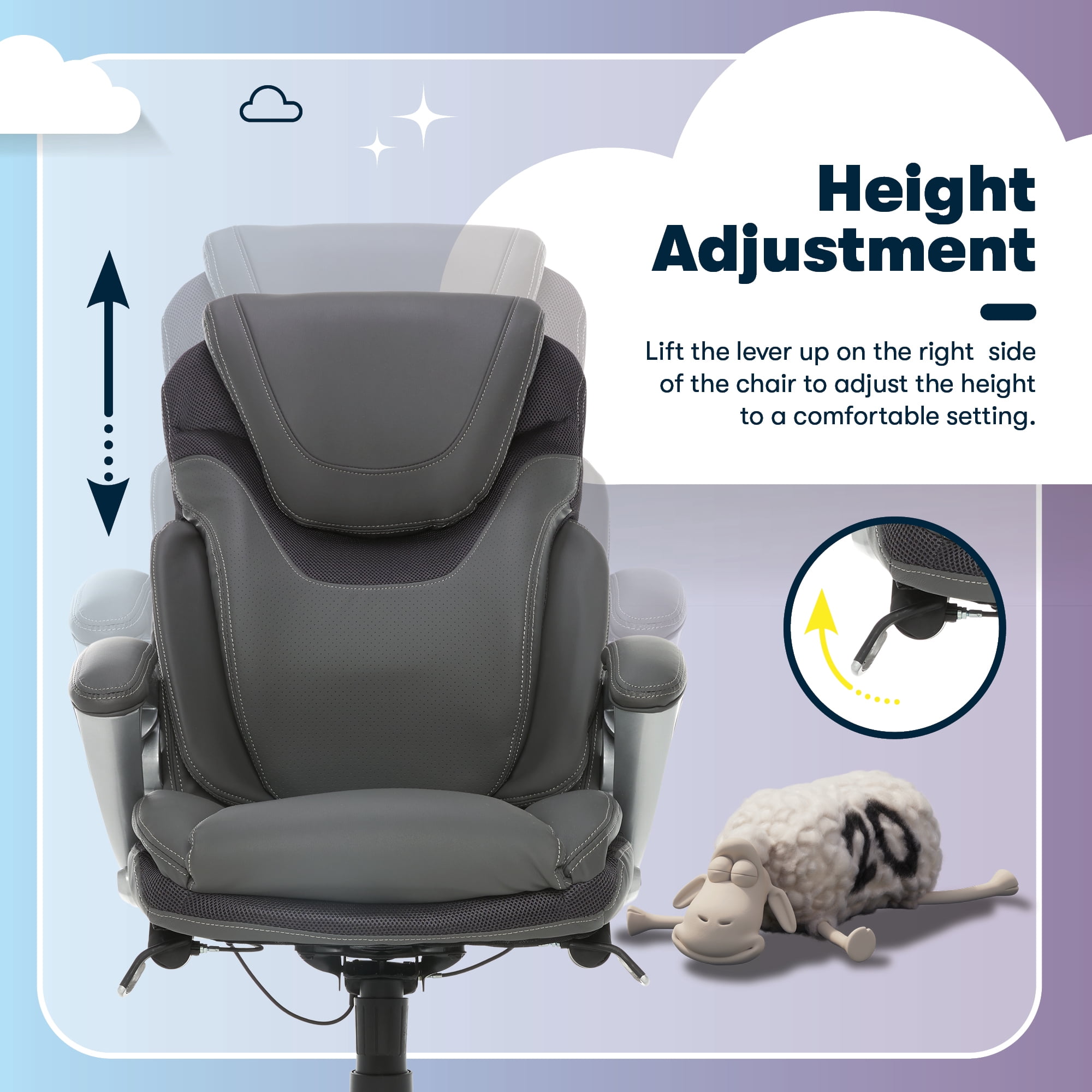 Serta Bryce Executive Office Chair, Ergonomic Computer Desk Chair with Patented AIR Lumbar Technology - Adjustable Height, Memory Foam Body Pillows, 360° Swivel Rolling Base, Bonded Leather, Gray