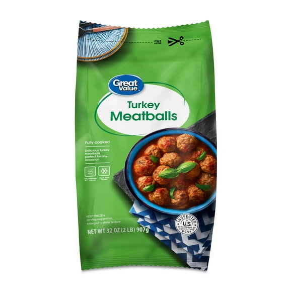 Great Value Fully Cooked Turkey Meatballs, 32 oz, Approximately 64 Meatballs (Frozen)