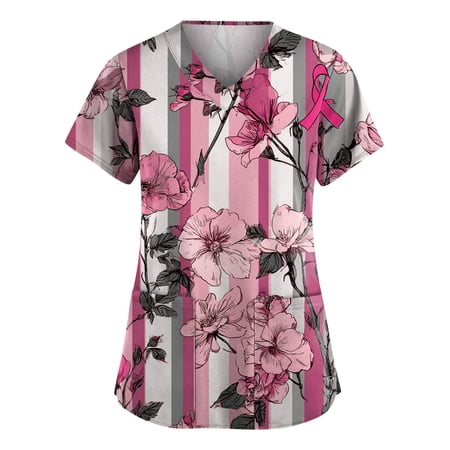 NAMTYQX Scrubs Tops for Women Stretchy Floral Pink Breast Cancer Shirt Light Gray Size XL