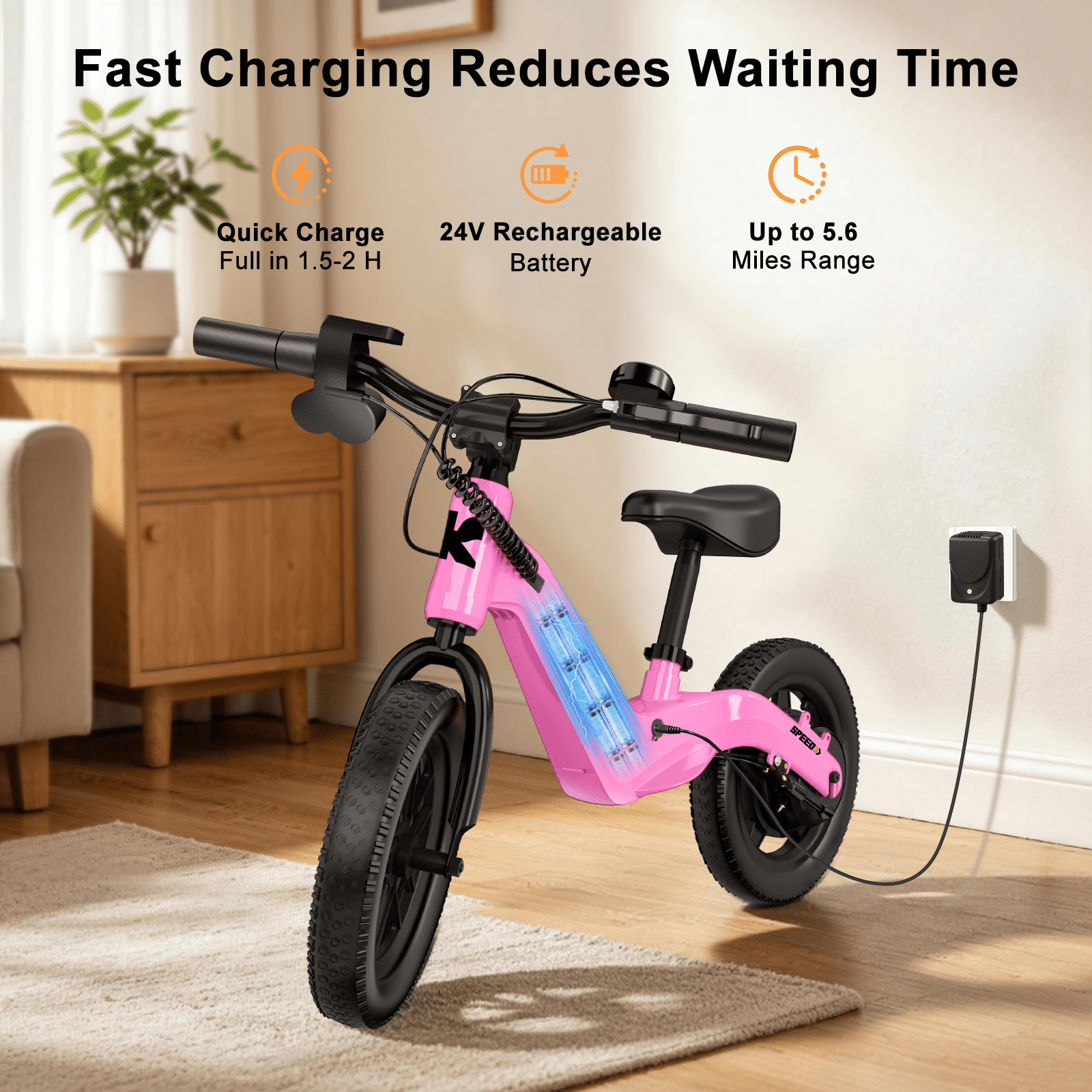 YunTopKids Electric Bike for Kids, 180W Motor Electric Balance Bike with 14 Inch Pneumatic Tires, up to 9.3MPH& 3 Speed Settings, Adjustable Seat for Ages 3-6,Pink