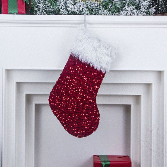 Fridja Grand Bas de Noël à Paillettes de 14,7 Pouces avec Manchette en Peluche Super Douce Blanche Grand Bas de Noël pour Décorations de Vacances en Famille et Cheminée de Sapin de Noël (Rouge)