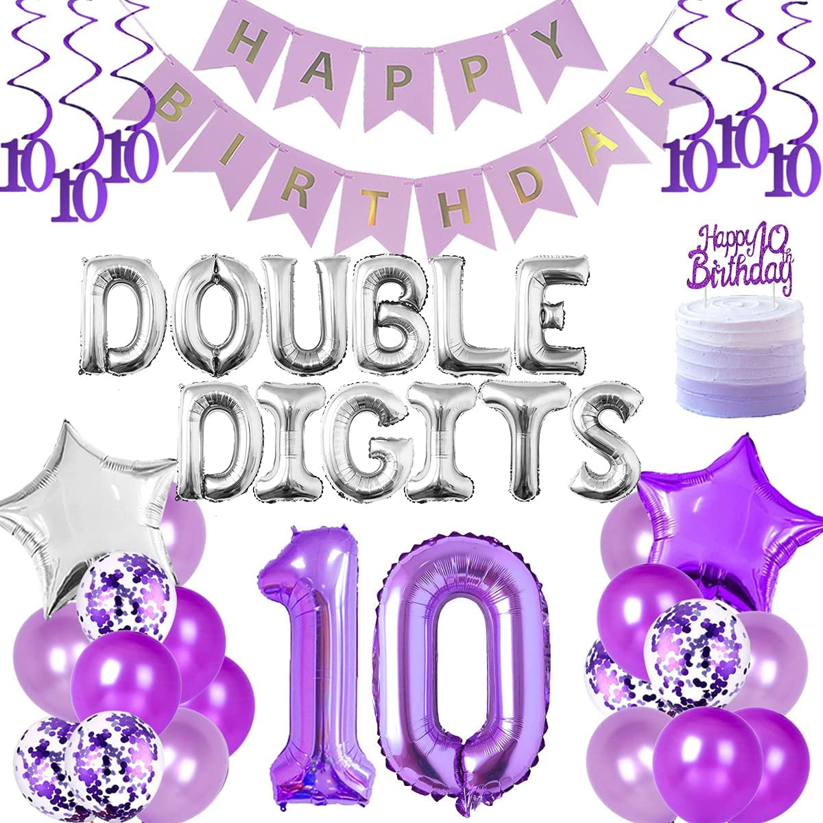Purple 10th Birthday Decorations for Girls, Double Digits Birthday