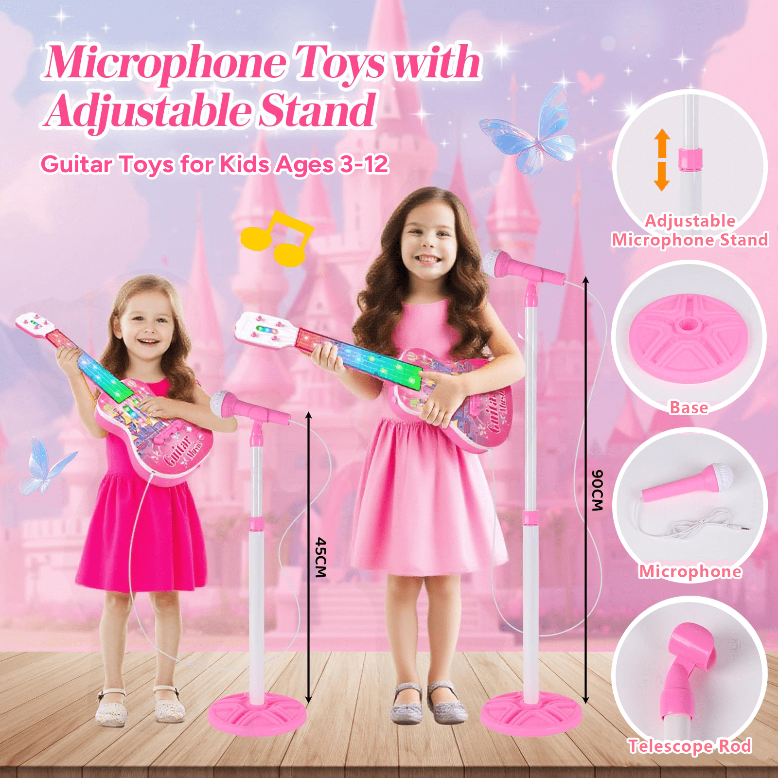 Liegorji Guitar and Microphone Toys Set, Musical Instruments with Adjustable Stand, Birthday Gifts for 1-3 3-5 5-8 Year Old