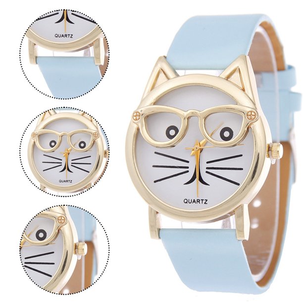 Sfonq Price Drop Womens Watches ,Mothers Day Gift for Grilfriend Ladies Watch Wear Glasses Cat Dial Belt Ladies Quartz Watch,Light blue Buy 2 Save 10%