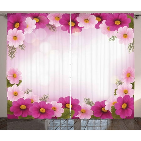 Pink Curtains 2 Panels Set Framework With Romantic Daisies