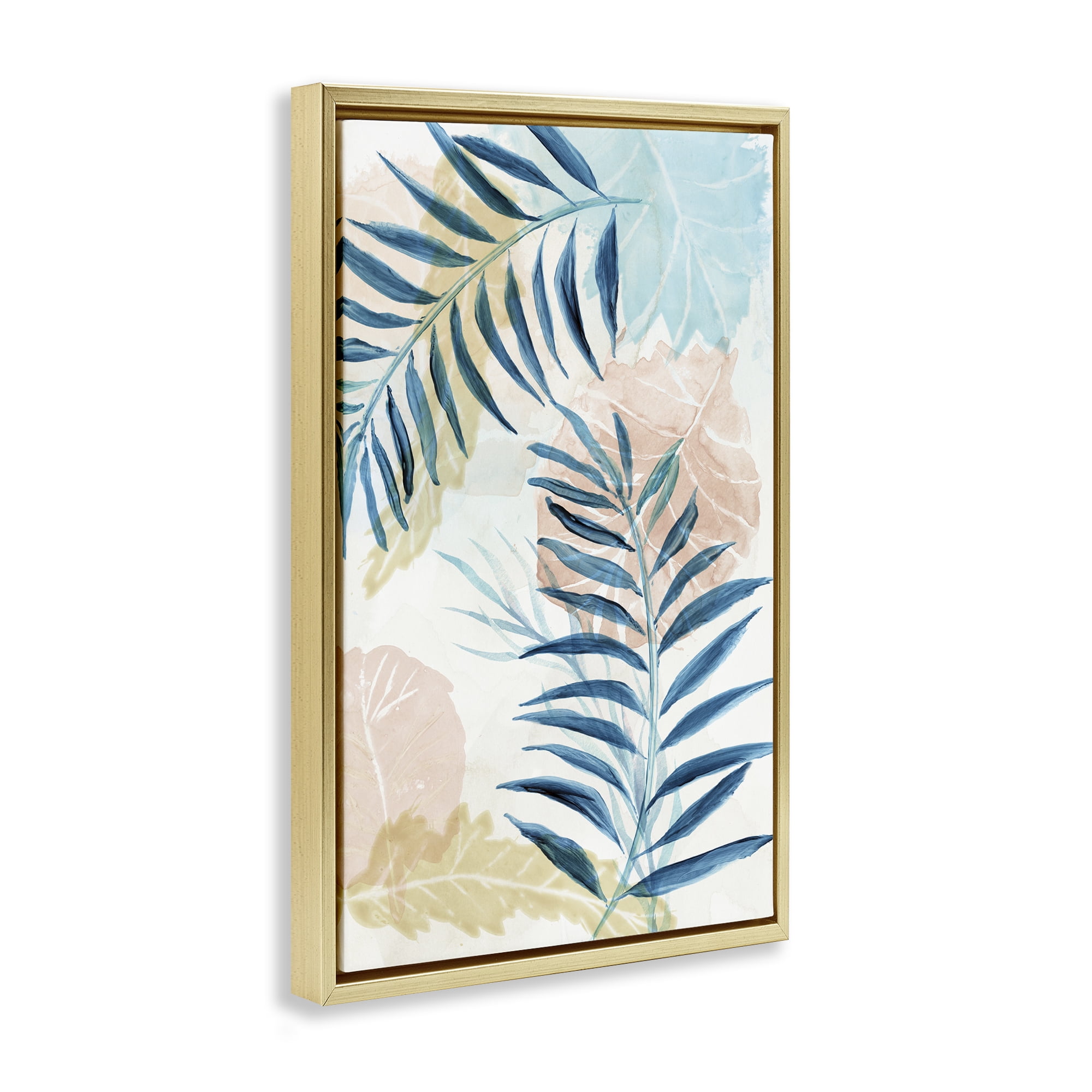 Stupell Industries Blue Palm Fronds in Pastel Haze Gold Framed Floater Canvas Wall Art, design by Nan