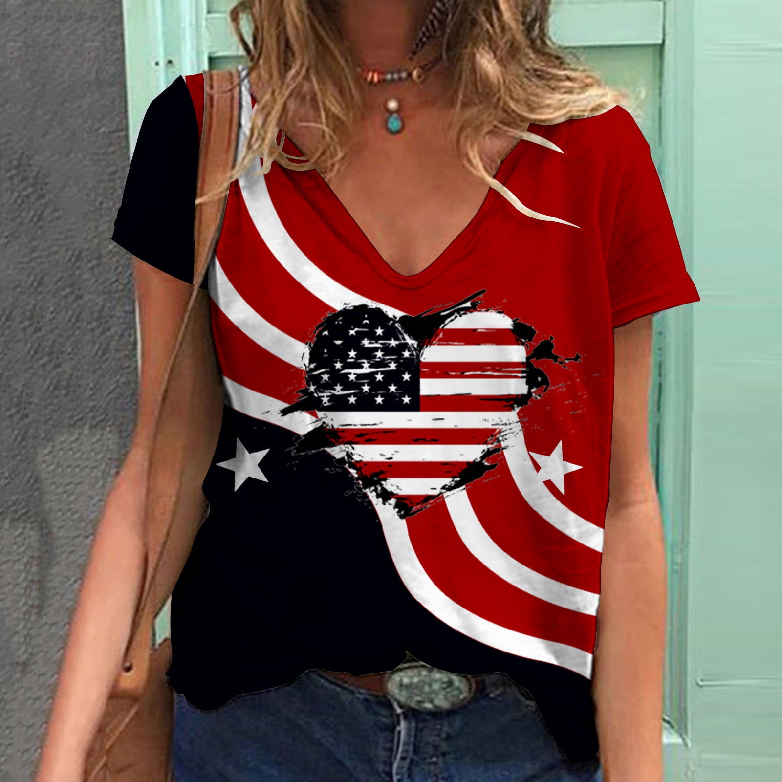 4th of July T-Shirt Women American Flag Shirts Stars Stripes Reglan ...