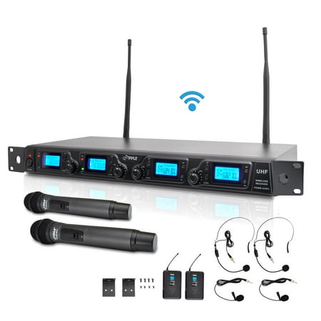 Pyle PDWM4350U - UHF Wireless Microphone System Kit, Adjsutable Frequency, Includes (2) Handheld Mics, (2) Beltpack Transmitters, (2) Lavalier Mics & (2) Headset