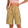 thumbnail image 2 of Women's Comfortable Elastic Waist Shorts with Pockets, Solid Pocket Button Front Stretchy Casual Shorts, Lounge Athletic Daily Wear Summer Capri for Women | UKHCCC,Khaki S, 2 of 8