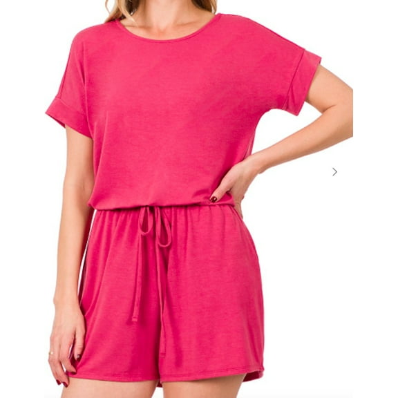 Cute Perfect Fit Plus Size Short Sleeve Round Neck Stretchy Elastic Waist Romper 1x, 2x, 3x