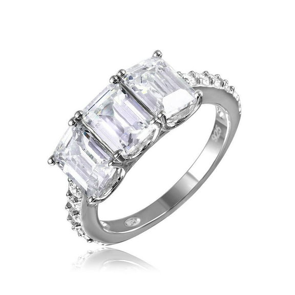 Rhodium Plated Sterling Silver 925 3 Rectangle Clear CZ Ring Band White Jewelry Female Size 6