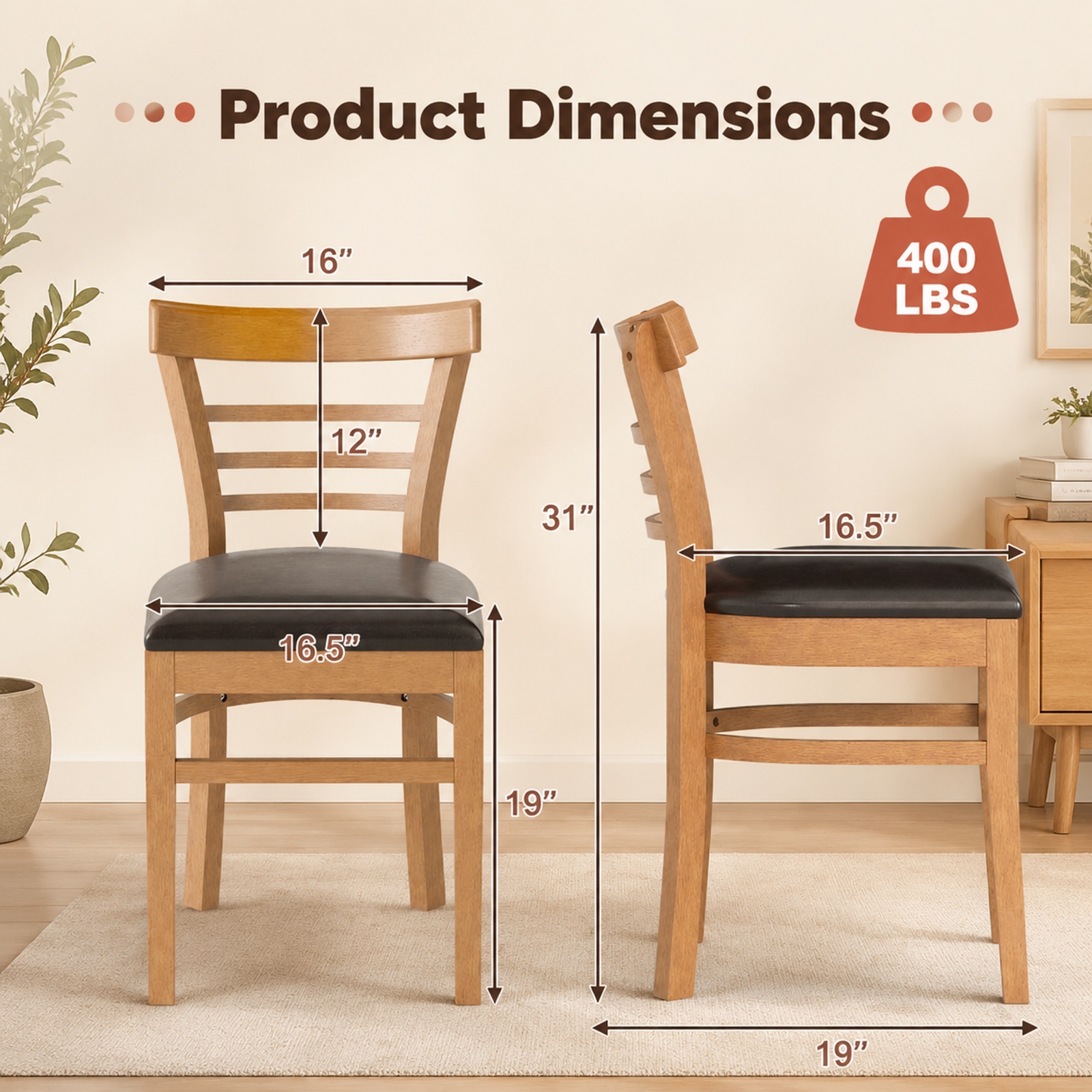 Furnibear Wooden Dining Chairs Set of 2 with Faux Leather Seats and Rubber Wood Legs for Restaurant Kitchen and Dining Room, Brown