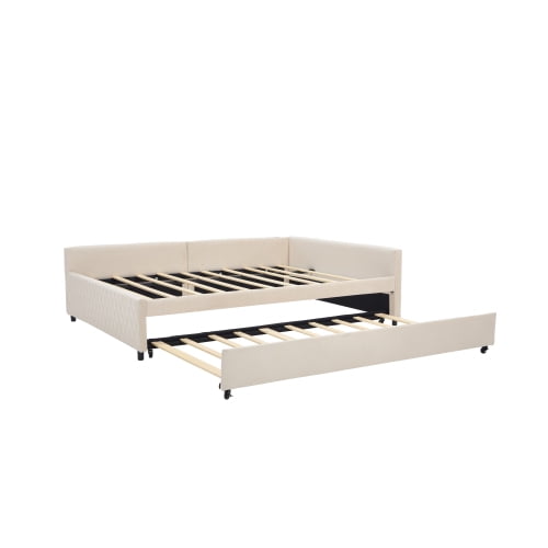 Dtwnek Upholstered Daybed with Trundle, Wooden Bed Frame for Bedroom, Guest Room, Beige