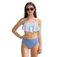 thumbnail image 5 of Bigetiay Girls Swimsuit 2 Piece Bikini Ruffled Bathing Adjustable Straps Striped Hollow High Waist Swimwear Set for 6-14 Years Summer, Size 13-14 Years, 5 of 5