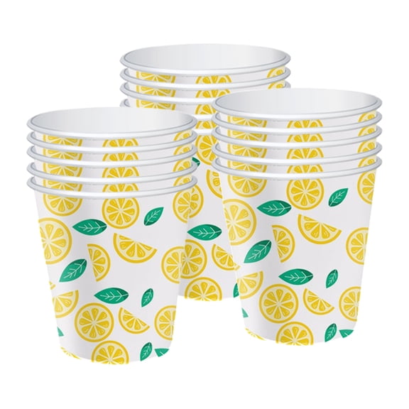 OANLKGI 16 Pcs Lemon Print Paper Cups Disposable Lemon Stand Cups Bathroom Mouthwash Drinking Disposable Cup for Summer Party Picnics Barbecues Traveling Hot Cold Beverage Water Juice