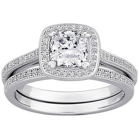 Majestic MicroPave CZ Sterling Silver Framed Cushion-Cut 2-Piece Wedding Ring Set