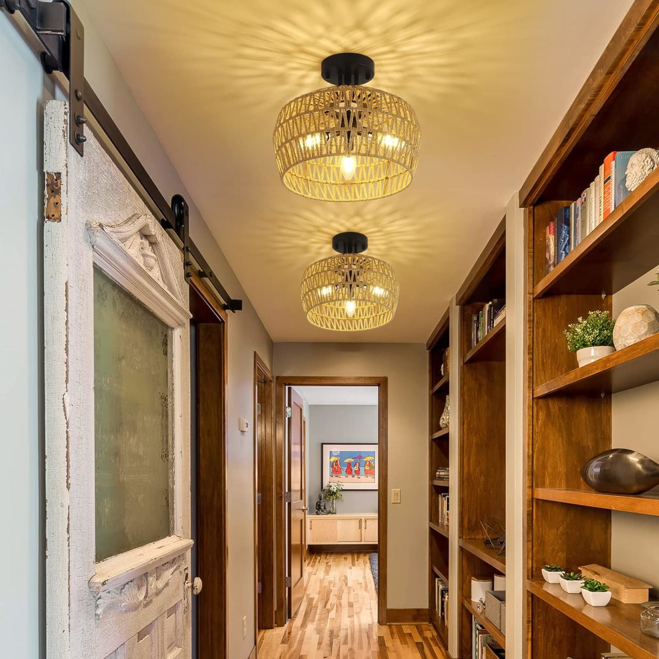 Noble House 12.6" Boho Rattan Semi Flush Ceiling Light, Natural 3-Light Wicker Close to Ceiling Fixture, Brown