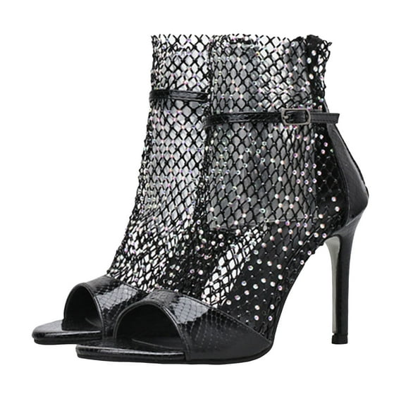 Mostsola Sexy Stiletto Heels for Women Elegant Peep Toe Rhinestone Fishnet Sandals Back Zipper Pumps