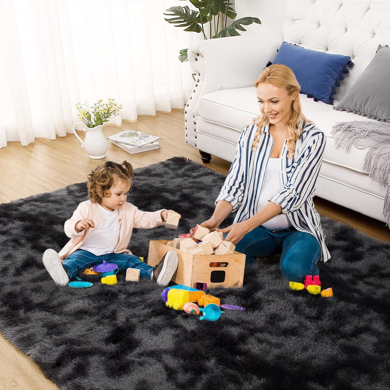 Memoryfield 5' x 8' Area Rug, Tie-Dye Plush Non-Skid Rug, for Bedroom Living Room Nursery, Black Gray