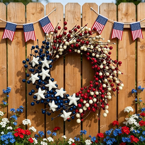 erdimoy 18" Patriotic Berry Star Wreath, Red White Blue 4th of July Front Door Decor