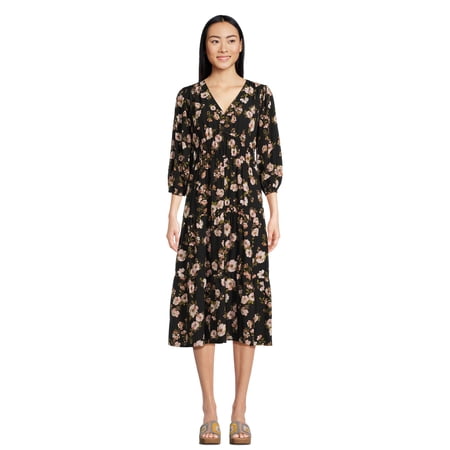 Time and Tru Women’s 3/4 Sleeve Midi Dress, Sizes XS-XXXL