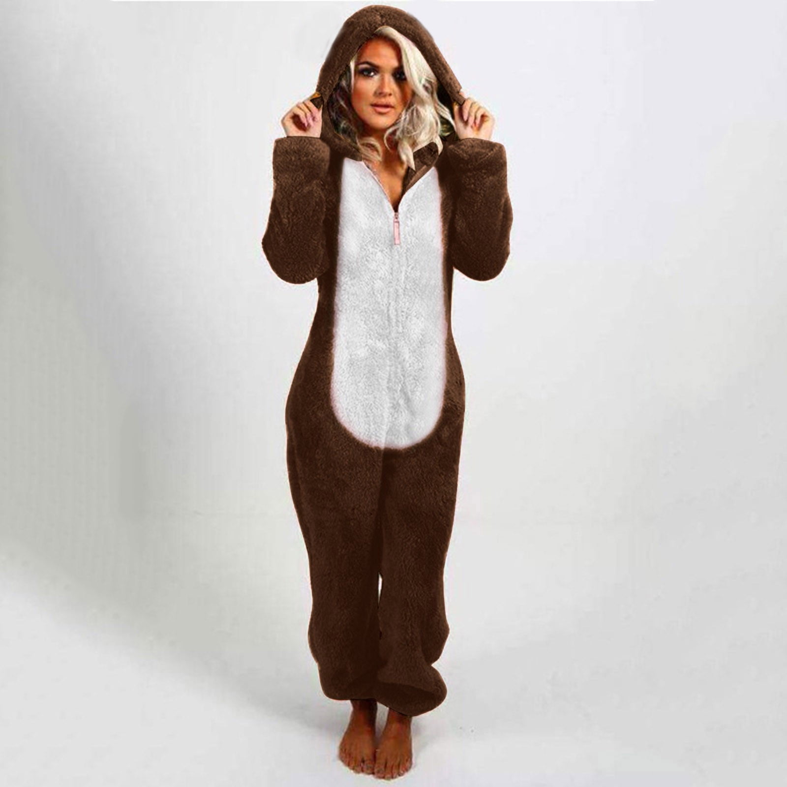 BiZtdJrK Jumpsuits for Women Dressy Casual Hooded Pajamas Trendy Color Block One Piece Sleepwear Winter Comfy Warm Jumpsuit Loungewear, Coffee, L
