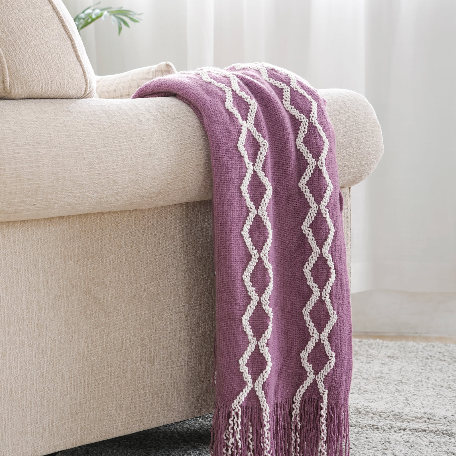 Bourina Fluffy Chenille Knitted Fringe Throw Blanket, Lightweight Soft Cozy Bed Sofa Chair Blanket, Deep Purple, 50" x 60"For Adults