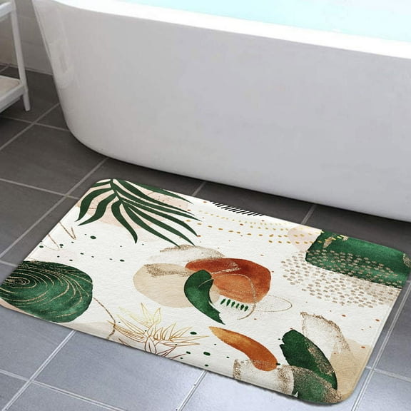 Boho Abstract Non-slip Bath Mats Rugs, Mid Century Green Brown Leaves Bathroom Mats Rugs, Minimalist Modern Aesthetic Door Mats for Kitchen Living Room and Bathroom 16X24IN