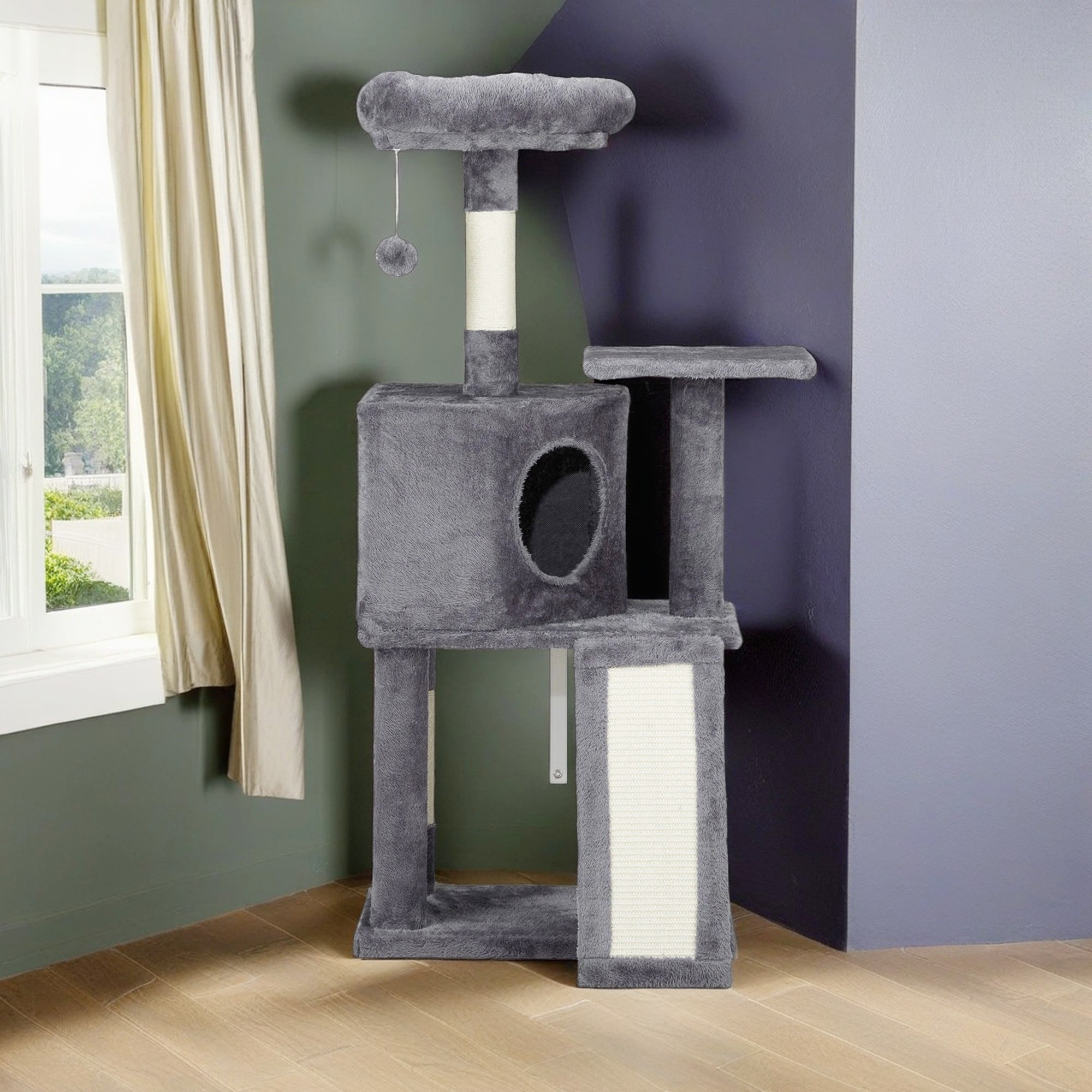 resenkos 47" Cat Tree Tower for Indoor Cats, Large Cozy Cat Condo with Padded Platform Bed, Toy Balls, Scratch Board, Gray