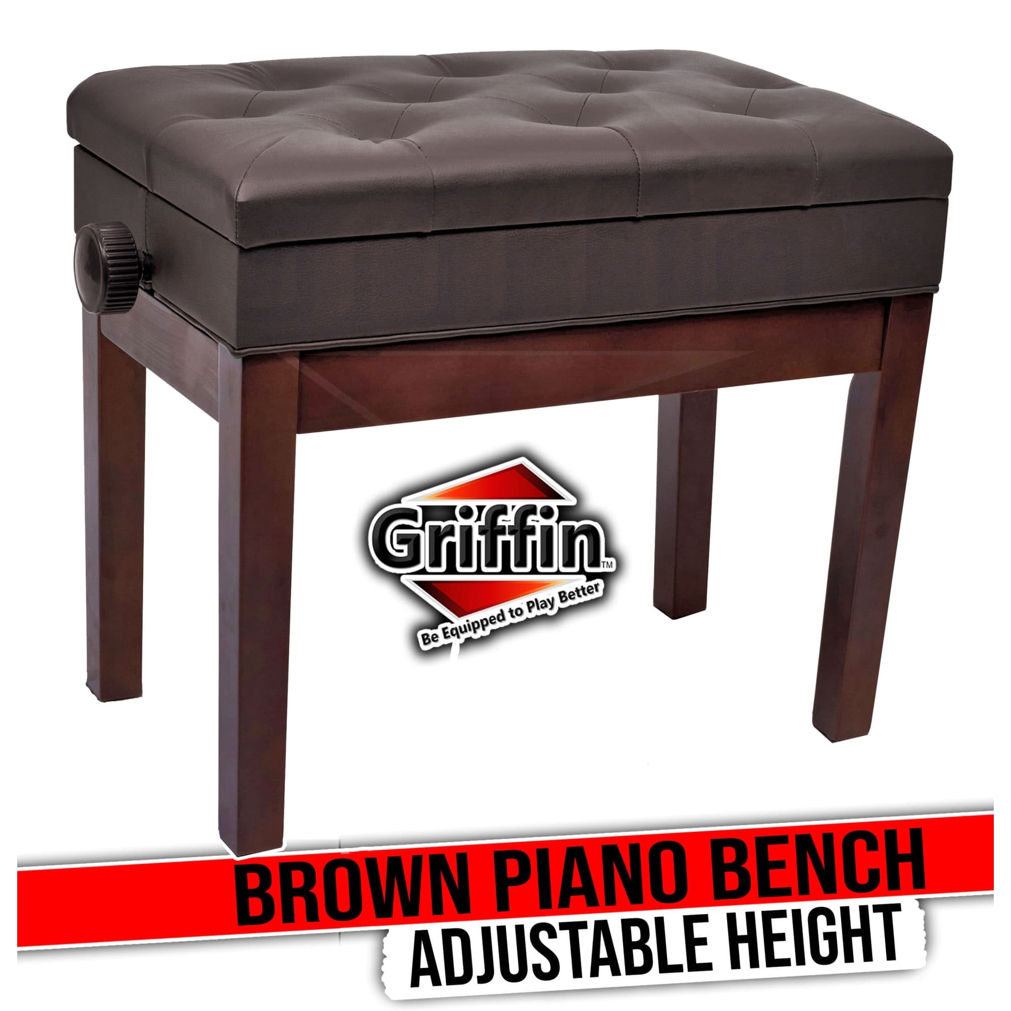 Griffin Adjustable Brown Piano Bench - PU Leather Vintage Stylish Design, Heavy-Duty & Ergonomic Keyboard Stool Seat - Convenient Hidden Storage Space Perfect For Home & Professional