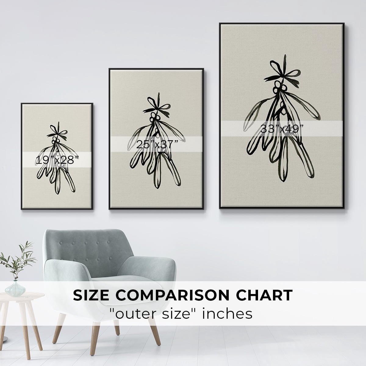Mistletoe Sketch with Bows II - Framed Gallery Wrapped Holiday Canvas - 17 x 25 - Black Frame
