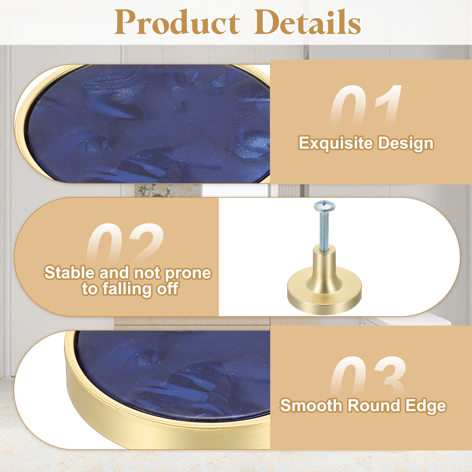 6Pack Gold Cabinet Knobs 1-1/4" Round Knobs Cabinet Handles, Sapphire Blue