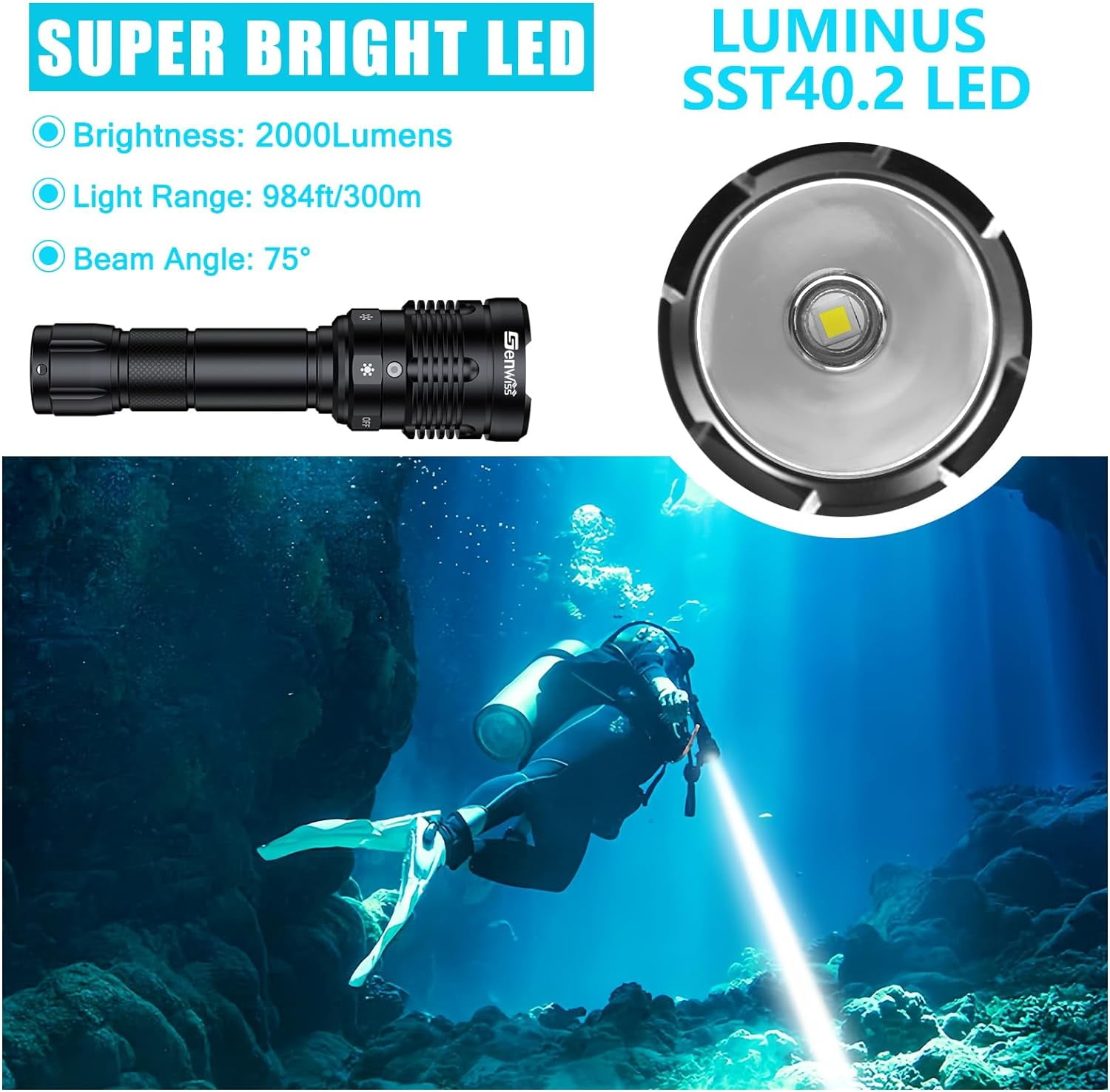 Genwiss Dive Lights Scuba Diving, 5 Modes Rechargeable Underwater Flashlight, 80M Waterproof Dive Flashlight with Battery and Charger for Snorkeling