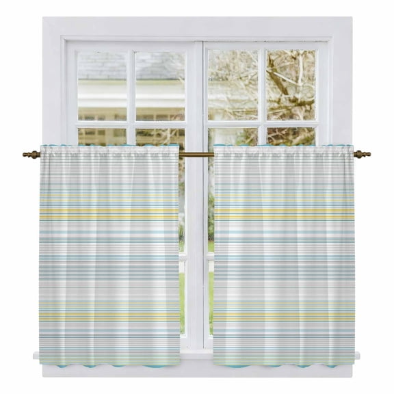 Aqua Yellow Stripe Tier Curtains, Abstract Art Modern Vertical Striped Light Filtering Kitchen Curtains, 2Pcs Rod Pocket Half Window Treatments Panels for Sink Cafe Cabinet Basement 27.5x45 Inches