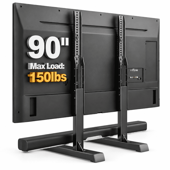 Black Universal Tabletop TV Stand, Height Adjustable, Fits 37 to 90 Inch Flat or Curved TVs