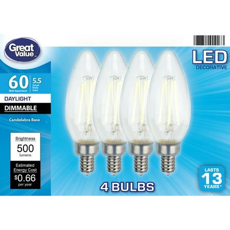 Great Value LED Light Bulb, 5.5W (60W Equivalent) B10 Deco Lamp E12 Candelabra Base, Dimmable, Daylight, 4-Pack