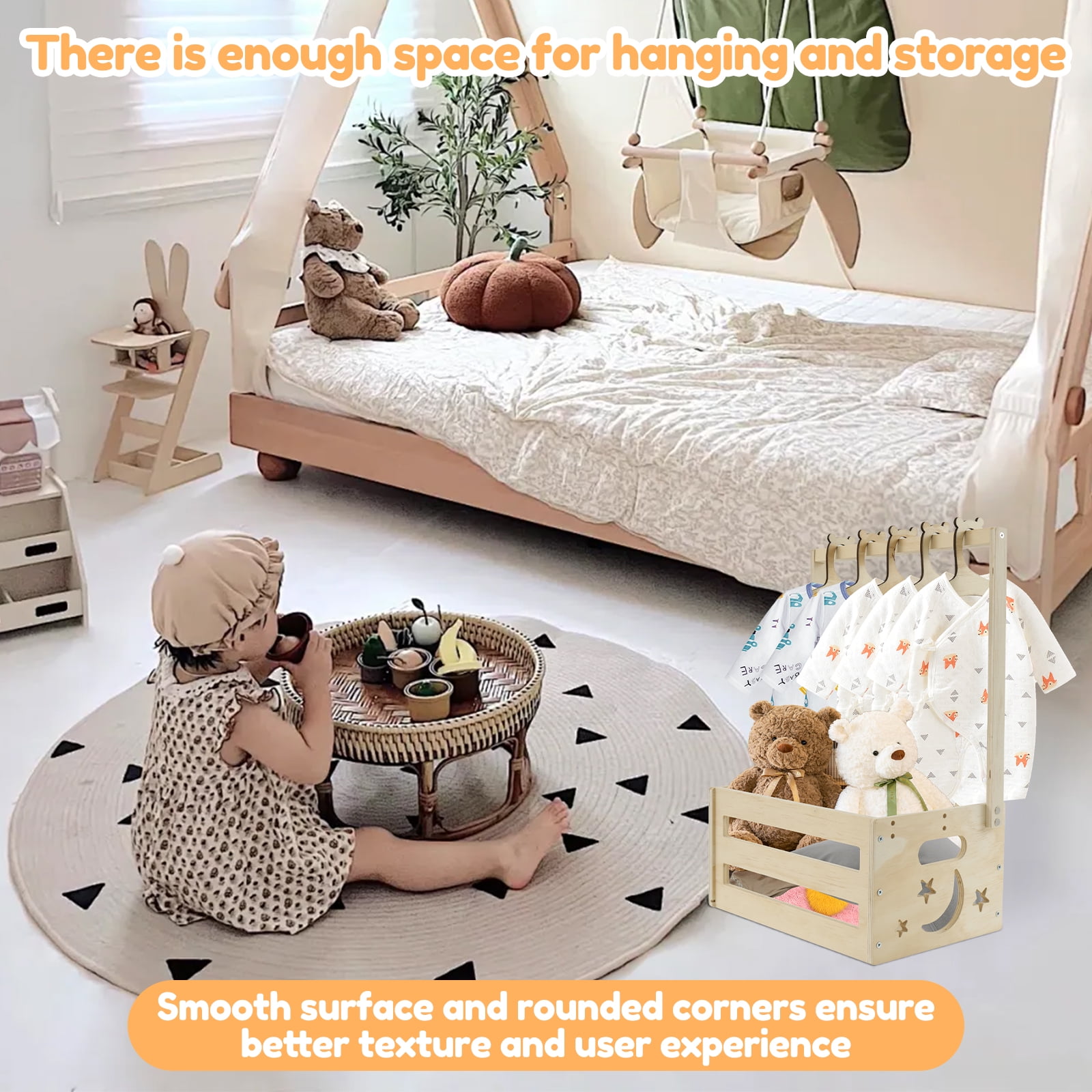 Xiyztok Baby Shower Crate Closet Smooth Wood Baby Shower Basket with Handle Storage Crate with 5 Hangers for New Born Baby Shower,21.45*13.39in