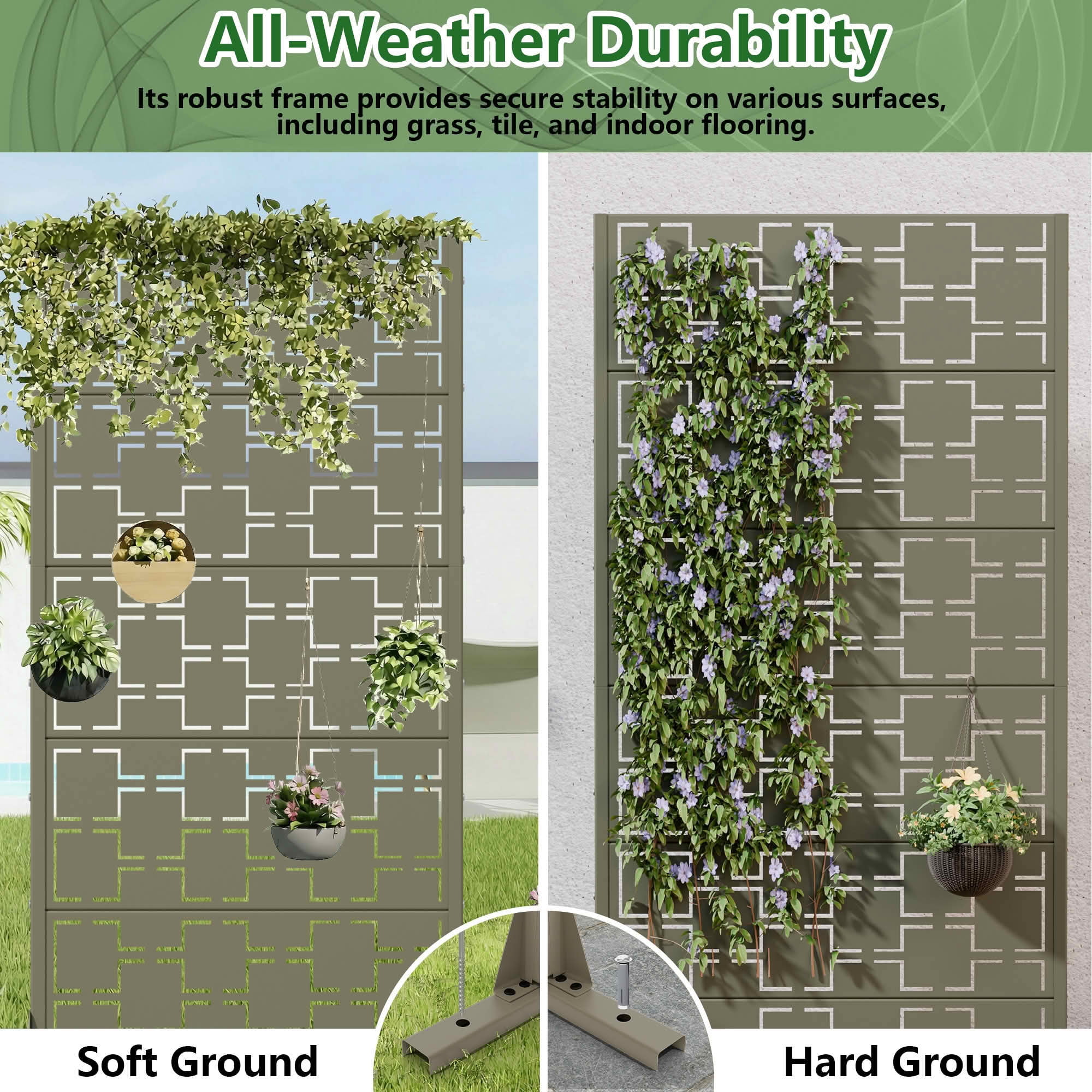 MAYEERTY 59x30x16 Inch Olive Gray Galvanized Steel Privacy Screen, 5 Piece Set for Outdoor Garden