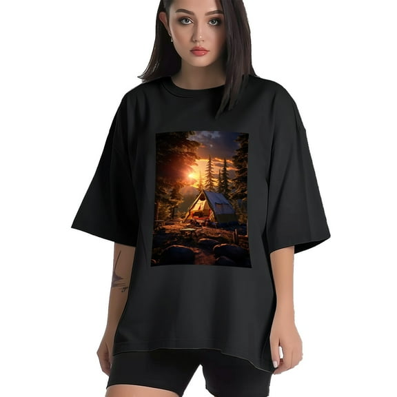 Plus Size Shirt for Women Black Tops for Women Short Sleeves Shirt for Women A Tent Is In The Forest2 T Shirt Crewneck Shirt for Women XS