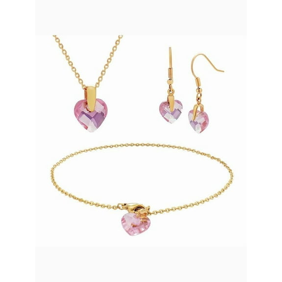 Stainless Steel Pink Glass Heart Pendant Bracelet and Earrings 3 Piece Set