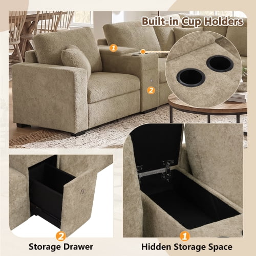 134" U-Shape Modular Sectional Sofa, 5-Seat Couch with Chaise Lounge, Deep Seat, Built-In Cup Holders, Storage Drawer and Pillows, Brown