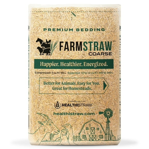 HealthiStraw FarmStraw Coarse Cut, 3 cu ft - All-Natural Sustainable Wheat Straw Animal Bedding for Homesteads Hobby Farms, Small Pets - Clean - Dust-Free - Absorbent - Fluffy - Insulative - Compresse