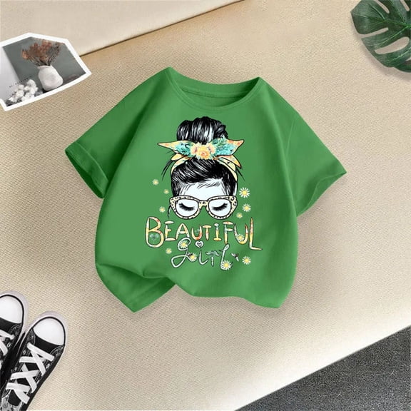 Girls Graphic Print Crewneck Summer Tee – Cute Beautiful Girl Top for Ages 3-12, Casual Short Sleeve Shirt for Kids Daily Wear