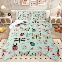 Homewish Teens Insect Lover Queen Comforter Set, Cute Moth Dragonfly Ladybug Bedding Sets, Rustic Flower Floral Reversible Bedding Comforter Set, Lightweight Room Decor, 3pcs