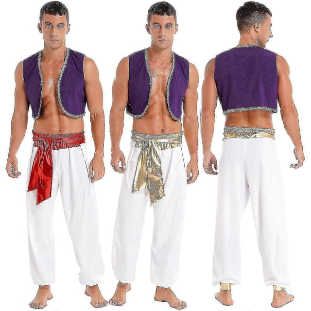 Mens Halloween Costume Mythical Prince Aladin Carnival Cosplay Party Outfit Sequin Trim Waistcoat With Belted Pants
