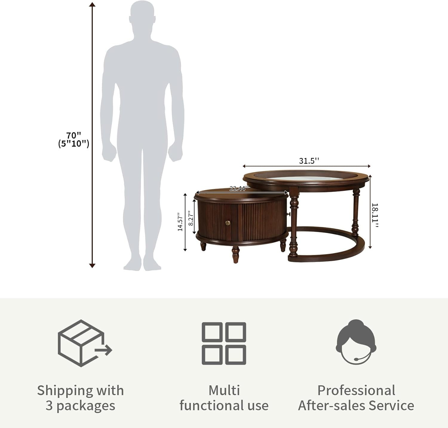 LKTART Nesting Coffee Table for Living Room,Round Tempered Glass Solid Wood Nest Coffee Tables with Storage,Retro Small Accent Center Table