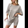 thumbnail image 2 of Pijama de 2 Piezas para Mujer, de Punto Acanalado, con Camiseta y Pantalones Cortos A Juego, Ropa de Dormir, Color Caqui, Talla M, 2 of 7