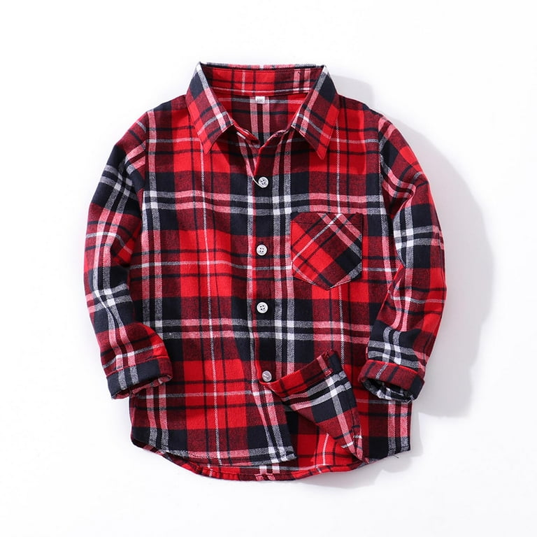 Kids Little Boys Girls Baby Red Plaid Flannel Shirt Jacket Long