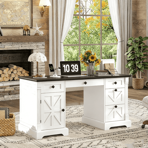 Winkalon Home Office Desk with File Cabinet and Drawers, 55" Executive Desk with USB Power Outlet, Storage Cabinet for Workstation Table for Study, White