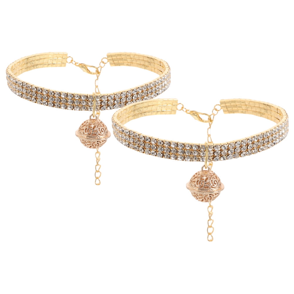 SOPOTUTU 2Pcs Bling Rhinestone Dog Cat Collar with Bell Soft Wear Resistant Decorative Pet Necklace